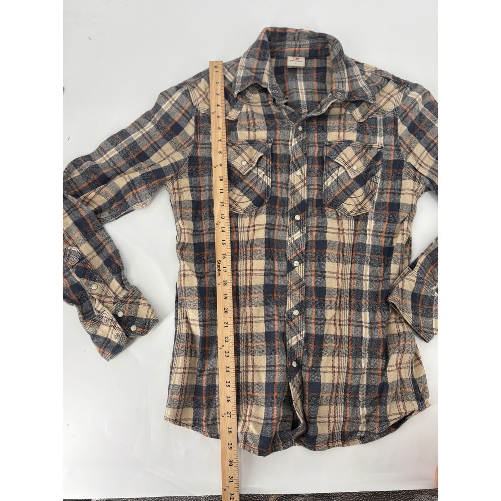 True Religion Mens Plaid Western Flannel Shirt Pearl Snap Blue Orange Large - Picture 3 of 6